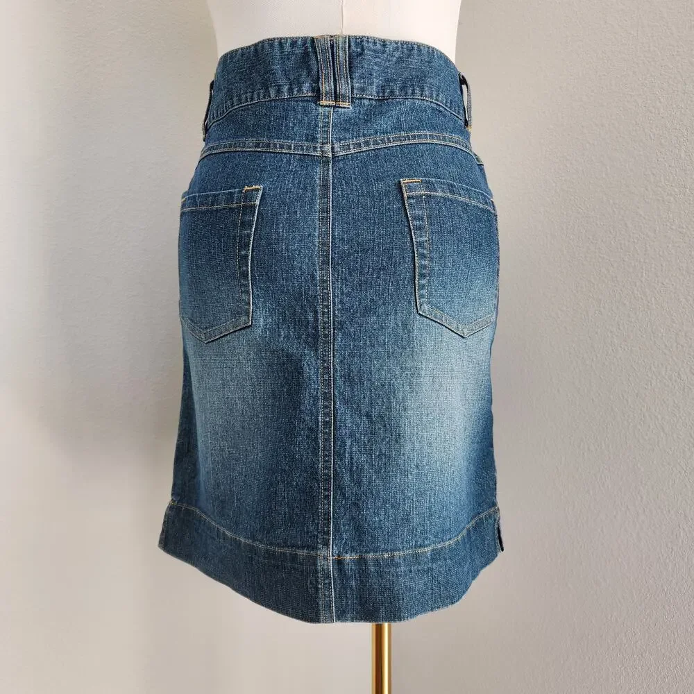 Vintage Y2K Medium Wash Denim Skirt Straight Knee Length Route 66 Size 10